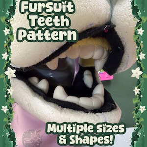 Könnte beinhalten: Nahaufnahme eines Fursuit-Kopfes mit dem Text "Fursuit Teeth Pattern" und "Multiple Sizes & Shapes!". Der Fursuit-Kopf ist weiß mit schwarzen Akzenten und großen, weißen Zähnen. Das Bild ist mit einem grünen Rahmen versehen.
