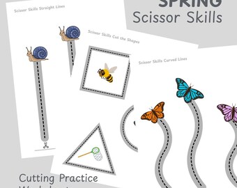 Hojas de trabajo de tijeras de primavera para preescolar, práctica de corte de insectos, motricidad fina
