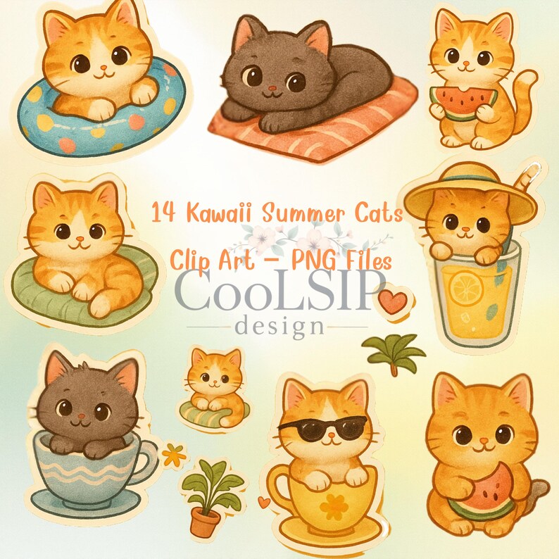 Cute Cat Summer Stickers – 14 Kawaii Kitten Clipart Pngs, Beach Cat ...