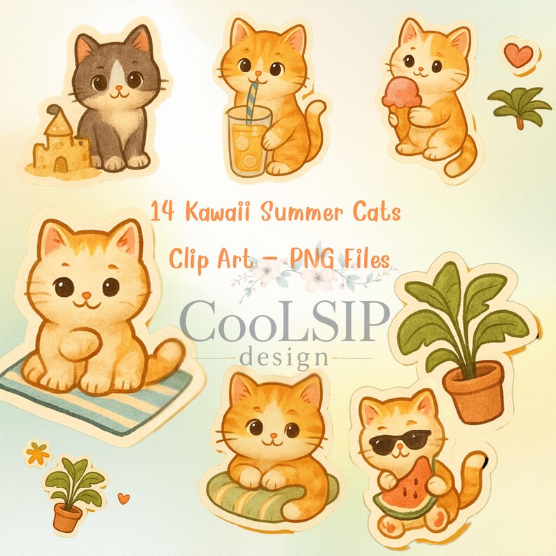 Cute Cat Summer Stickers – 14 Kawaii Kitten Clipart Pngs, Beach Cat ...