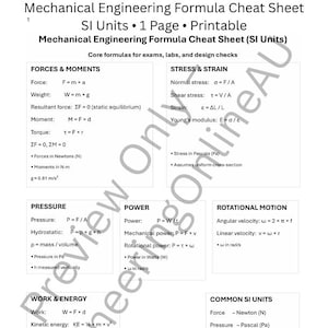 May include: Printable mechanical engineering formula cheat sheet in SI units. Includes formulas for forces, moments, stress, strain, pressure, power, rotational motion, work, energy, and common SI units. Designed to fit on one A4 page.