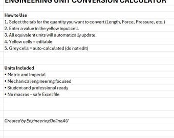 Engineering Unit Conversion Calculator Excel | Mechanical Engineering Spreadsheet | Metric & Imperial Units