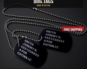 Custom Military Dog Tags, Black Aluminum Laser Engraved, Subdued ID Tags with Ball Chain