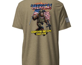 Patriotic Bigfoot T-Shirt ’Merica Squatching Bad Guys Since 1776 4th of July Military Sasquatch Shirt American Flag Veteran Gift
