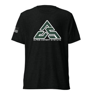 May include: Black t-shirt with a white and green logo that reads "Alpine Combat Systems." The logo is a stylized triangle with interlocking shapes. An American flag is visible on the left sleeve.
