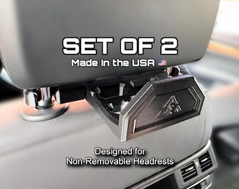 Adjustable Headrest Hanger Brackets for Non-Removable Headrests - Black PETG, 147-182mm Width, Includes Hex Tool