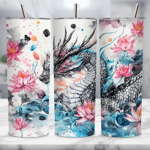 Gobelet aquarelle dragon, papier wrap 20 oz, sublimation PNG Design, fichier en téléchargement numérique, art fantastique dragon, papier peint transparent