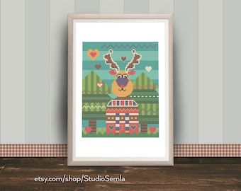 Folksy Moose 01 - Cross Stitch Pattern - Digital format PDF - Instant download + bonus greeting card