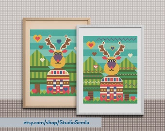 BUNDLE of Folksy Moose 01 and 02 - Cross Stitch Pattern - Digital format PDF - Instant download + bonus greeting cards