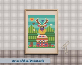 Folksy Moose 02 - Cross Stitch Pattern - Digital format PDF - Instant download + bonus greeting card