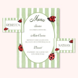 Menú y tarjeta de lugar con diseño de mariquita y rayas verdes, descarga digital editable, pintada a mano, papelería de fiesta ilustrada, con un toque de verano y primavera.