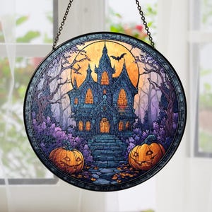 Halloween Castle Stained Glass Suncatcher, Spooky Home Decor,Pumpkin Halloween Suncatcher,Halloween Ornament Suncatcher,Halloween Home Decor