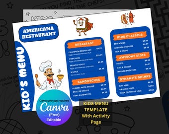 Może przedstawiać: Kolorowy szablon menu dla dzieci do restauracji Americana, zawierający śniadania, kanapki i dodatki. Menu zawiera ilustracje z kreskówek przedstawiające jedzenie i szefa kuchni. Widoczne jest również logo Canva.