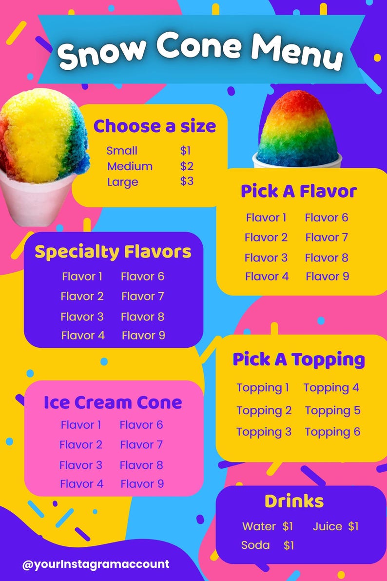 Toasted Cone Menu Snow Cone Menu Template, Editable Concession Sign (24x36, Canva) - Etsy