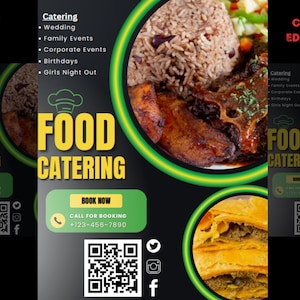 Pode incluir: Um folheto preto e verde com o texto "FOOD CATERING" em amarelo. O folheto anuncia serviços de catering para casamentos, eventos familiares, eventos corporativos, aniversários e noites de meninas. Inclui um número de telefone, um código QR e ícones de mídia social.