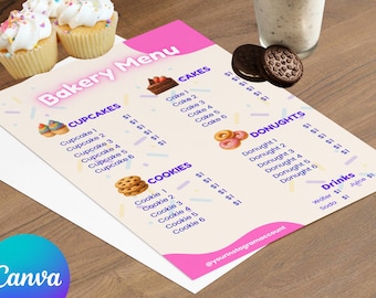 Bakery Menu Template Editable 8.5x11 Canva Menu Cupcake, Donut, Cookie & Cake Shop Printable Design