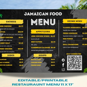 Plantilla de menú digital Canva l Menú imprimible personalizado de 11x17 l Menú personalizado para negocios de comida l Menú de comida l Menú de restaurante jamaicano