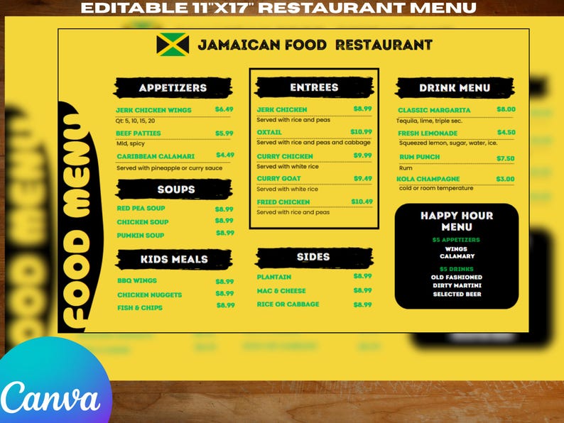 Restaurant Menu Template: Customizable 11x17 Canva Design (PDF Download