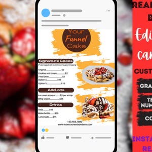 Trichter Kuchen Instagram Menü, bearbeitbare Menüvorlage, Canva Menü, Trichter Kuchen inspiriert, Imbisswagen, Restaurant