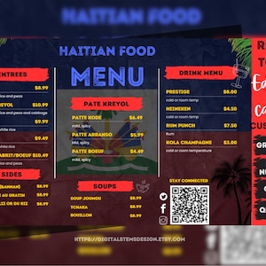 Plantilla de menú digital Canva l Menú imprimible personalizado de 11x17 l Menú personalizado para negocios de comida l Menú de comida l Menú de restaurante haitiano