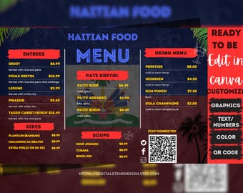 Printable Menu Canva Template l Customized 11x17 Printable Menu l Personalized Menu For Food Business l Food Menu l Haitian Restaurant Menu