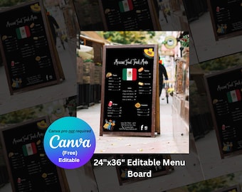 May include: A-frame menu board for a Mexican food truck. The black chalkboard-style board features a menu with prices, the Mexican flag, and the text "Mexican Food Truck Menu". The board is 61cm x 91cm and is editable.