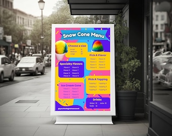 Snow Cone Menu Template Shaved Ice Truck Poster Ice Cream and Summer Dessert Menu Board Editable Canva Sign for Food Trucks & Stands 24x36
