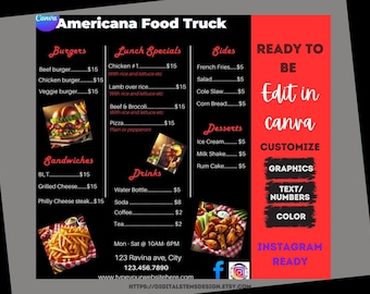 Food Truck Instagram Menu Template Editable 1080x1350 Canva Design with Animation Social Media Restaurant Menu for Takeout Cafe and Pop-Up