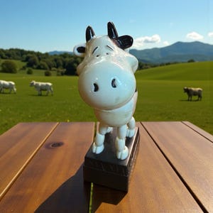 May include: A white and black cow figurine with a sad expression, standing on a dark brown rectangular base. The cow has black horns and a black spot on its head. The background shows a green field, blue sky, and mountains.