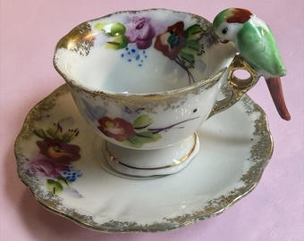 Miniature Cup & Saucer W/ Bird Parrot Flowers, Gold Trim Made In Japan