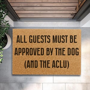 May include: A rectangular doormat with the text "ALL GUESTS MUST BE APPROVED BY THE DOG (AND THE ACLU)" in black letters. The mat is a light brown color and is placed on a gray concrete surface.