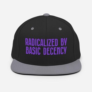 Radicalized by Basic Decency snapbackhoed voor progressieven, geborduurde pet met platte rand feministisch cadeau voor kiezers, studenten en bondgenoten