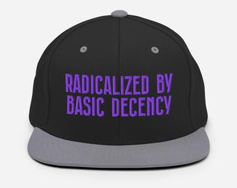 Radicalized by Basic Decency snapback hat for progressives, embroidered flat brim cap feminist gift for voters, students and allies