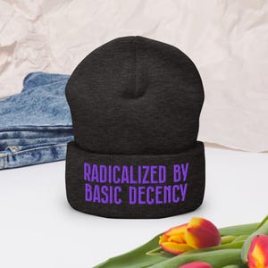 May include: A charcoal grey beanie with the text "Radicalized by Basic Decency" in purple.