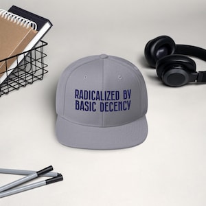 Radicalized by Basic Decency snapback hat for voters, embroidered flat brim cap for progressives, political gift for teachers and students