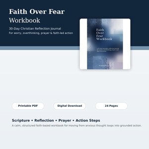 Puede incluir: Un libro de ejercicios digital titulado Faith Over Fear Workbook, un diario de reflexión cristiana de 30 días para la preocupación, la reflexión excesiva, la oración y la acción basada en la fe. La portada tiene un diseño azul y blanco.