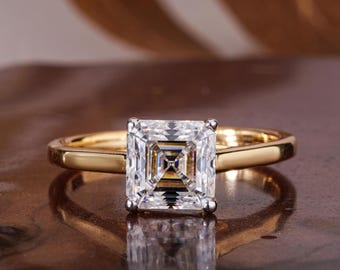 Asscher Cut Lab Grown Diamond Solitaire Ring For Engagement, Prong Set Dainty Wedding Ring, Statement Ring For Wife, Stacking Ring