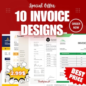 Könnte beinhalten: Eine Collage aus 10 verschiedenen Rechnungsdesigns für 2,99 €. Die Designs sind in verschiedenen Stilen und Farben gehalten, mit unterschiedlichen Layouts und Schriftarten. Der Text "Jetzt bestellen" befindet sich in einem roten Kreis oben rechts im Bild.