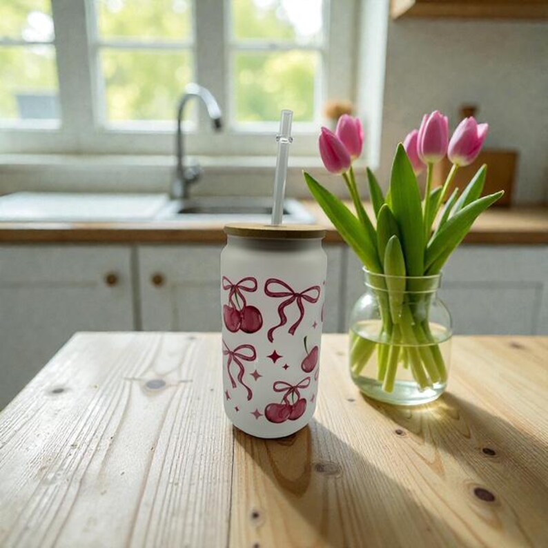 Cherry Good Vibes Glass Tumbler With Bamboo Lid and Straw, 18 Oz - Etsy