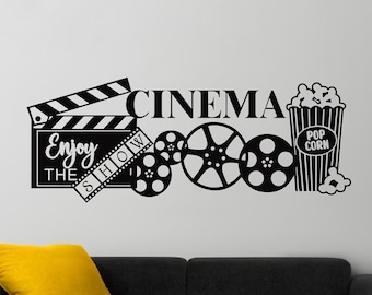Home Cinema-Vinyl Wall Decal- Theater Popcorn Wall Decals- Film Leisure Room- Enjoy The Show- Movie Room Decal- Reel Decal- Movie Theater