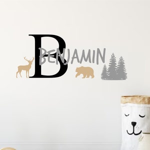 Woodland Name Initial Deer Bear Trees-Vinyl Wall Decal-  Girl or Boy- Nursery Decor- Forest Theme-