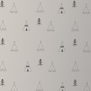 Puede incluir: Una pared gris con un patrón repetitivo de tipis negros y pinos. El patrón es un estilo de dibujo de línea simple. La pared es de color gris claro y los tipis y los pinos son negros.