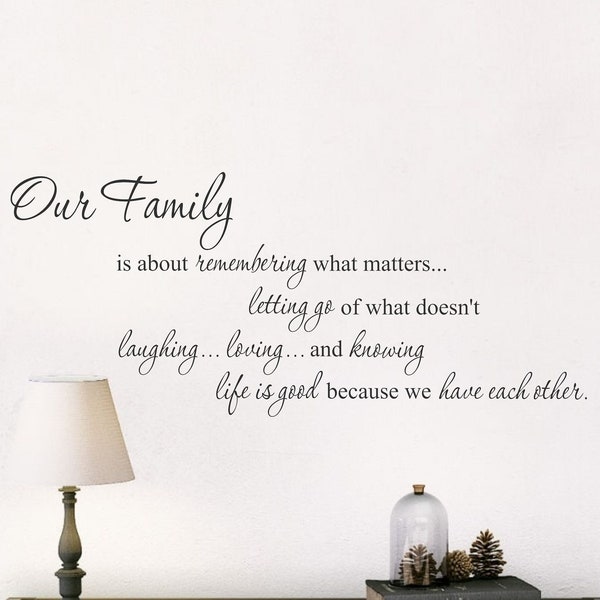 Our Family is About Remembering What Matters- Vinyl Wall Decal- Family Matters-Family Quotes-Entryway- Living Room- Dining Room- Family Gift