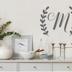 Laurel Wreath with Monogram- Vinyl Wall Decal-Wreath- Wedding Gift- Initial- Monogram- Family Name- Woodland