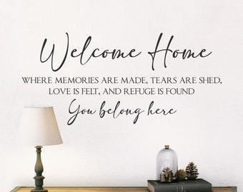 Welcome Home where memories are made, tears are shed, love is felt, and refuge is found, You belong here-Vinyl Wall Decal- Farmhouse Décor-