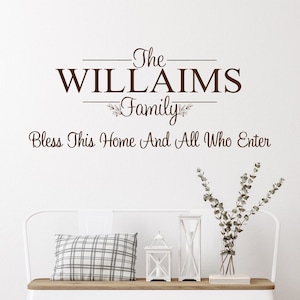 Family Name with Bless This Home And All Who Enter -Vinyl Wall Decal- Custom Name- Entryway-Wall Decor- Modern Decor- Farmhouse Decor