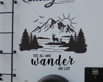 Camper Decal- Mountain Deer Scene Not All Who Wander Are Lost - RV Decor- RV Decal- Camper- Glamping- Window Sticker