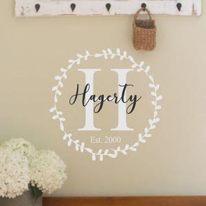 Family Name Est Date Laurel Wreath- Wreath Monogram- Personalized Laurel Wreath- Twig Wreath- Vinyl Wall Decor
