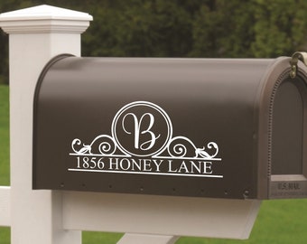 Calcomanía de vinilo para buzón - Monograma inicial circular personalizado y dirección - Juego de dos - Letras de vinilo - Atractivo exterior