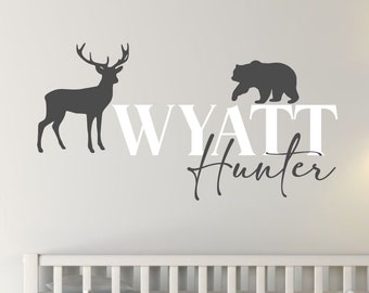 Woodland Boys Name Hunting Bear and Deer-Vinyl Wall Decal- Woodland Nursery Decal- Forest Silhouette- Nature Mural- Forest Décor